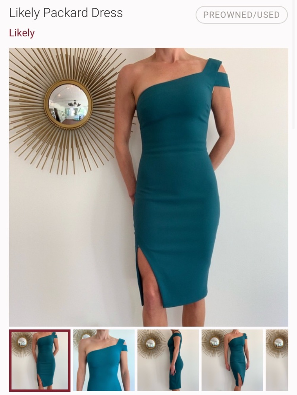Likely Teal One-Shoulder Sheath Dress with Side Slit